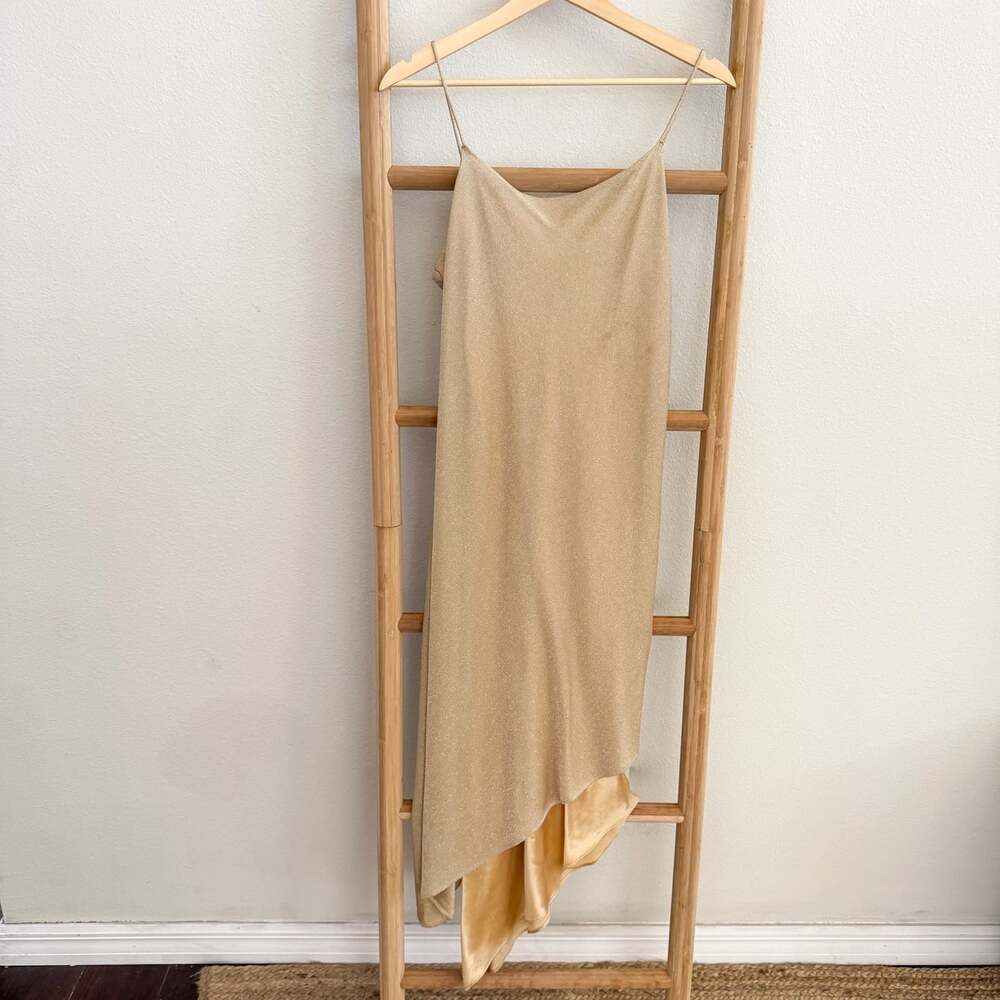 Vintage Positive Attitude Petite Gold Metallic Slip Dress 10 Asymmetrical Y2K